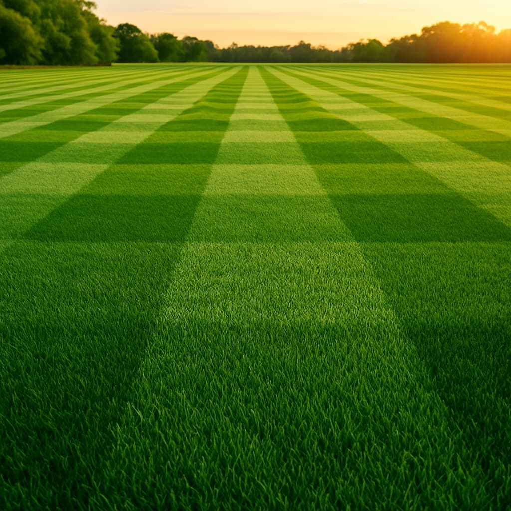 A freshly mowed lawn with a classic checkered stripe pattern